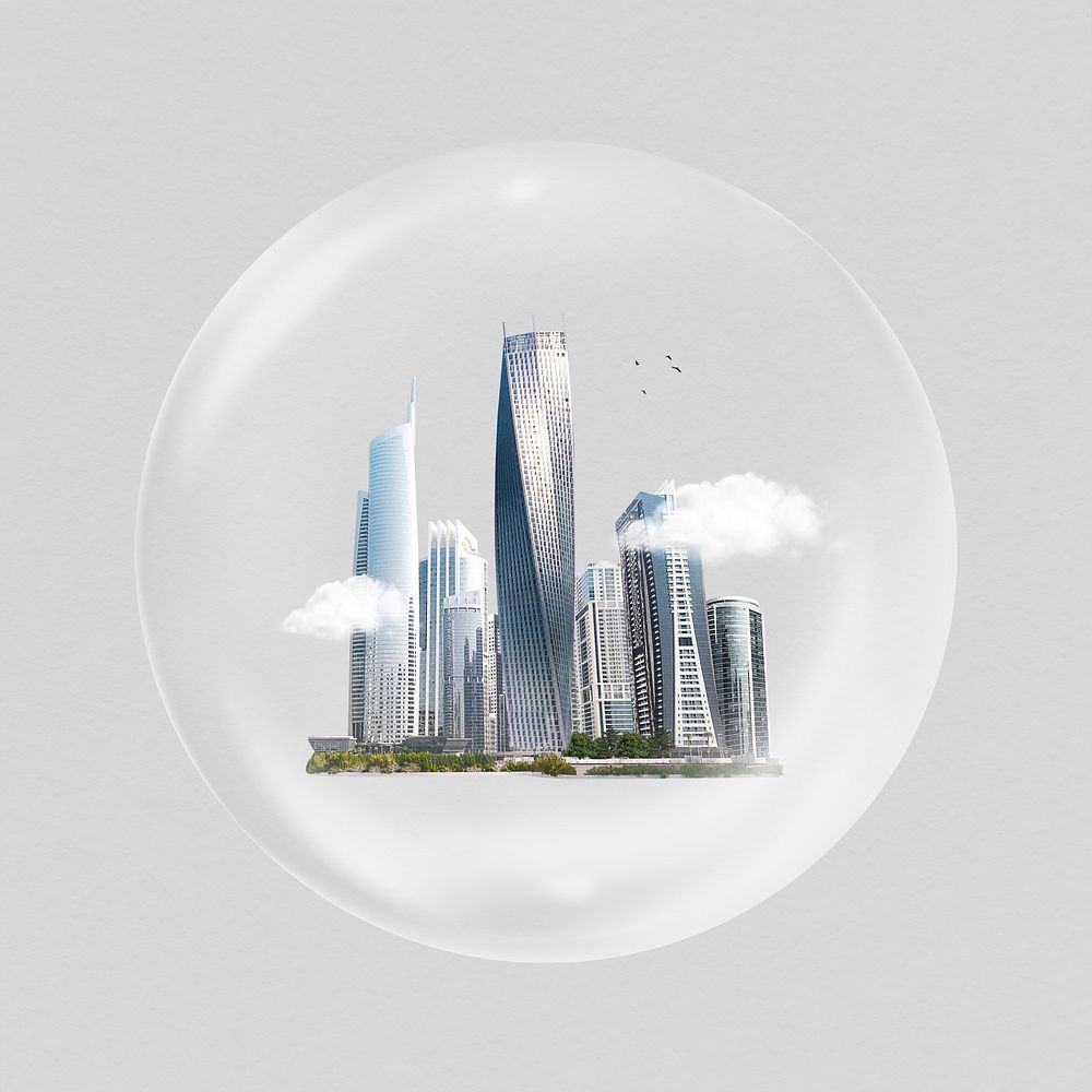 Cityscape  in bubble sticker, smart city concept art psd