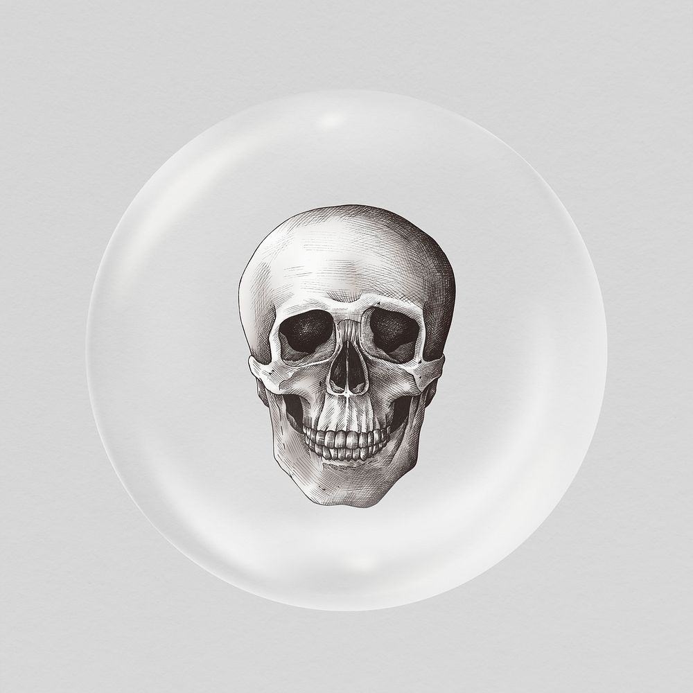 Human skull sticker, vintage Halloween in bubble psd