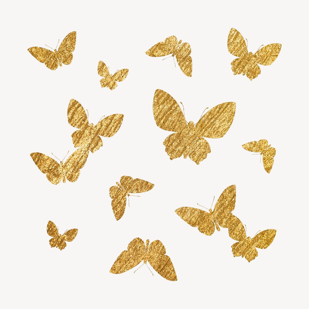 Gold butterflies silhouette clipart, metallic aesthetic graphic vector