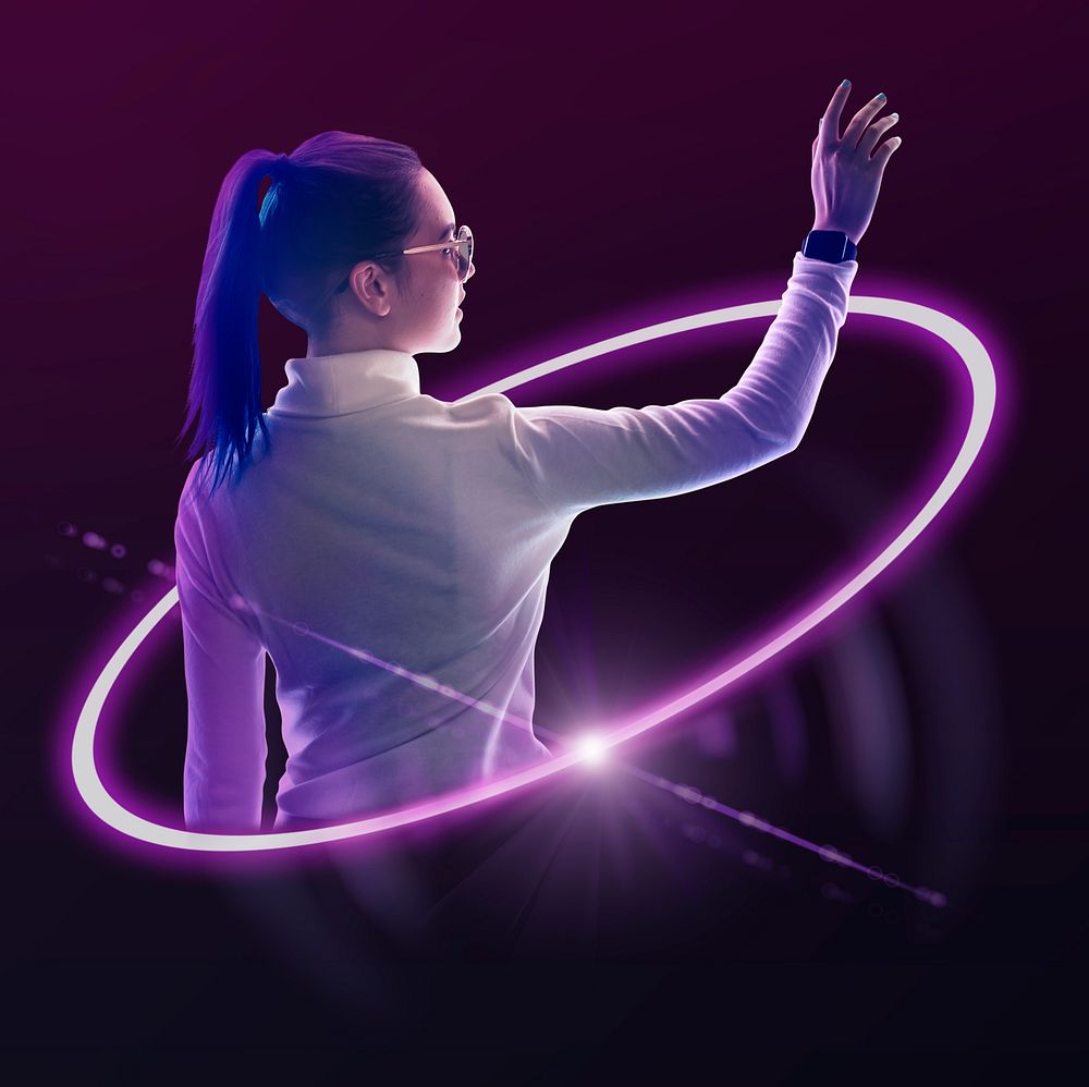 Woman in smart glasses, metaverse technology, augmented reality graphic