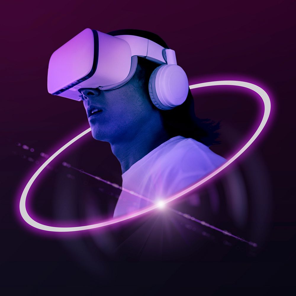 Man wearing VR headset, virtual reality technology graphic