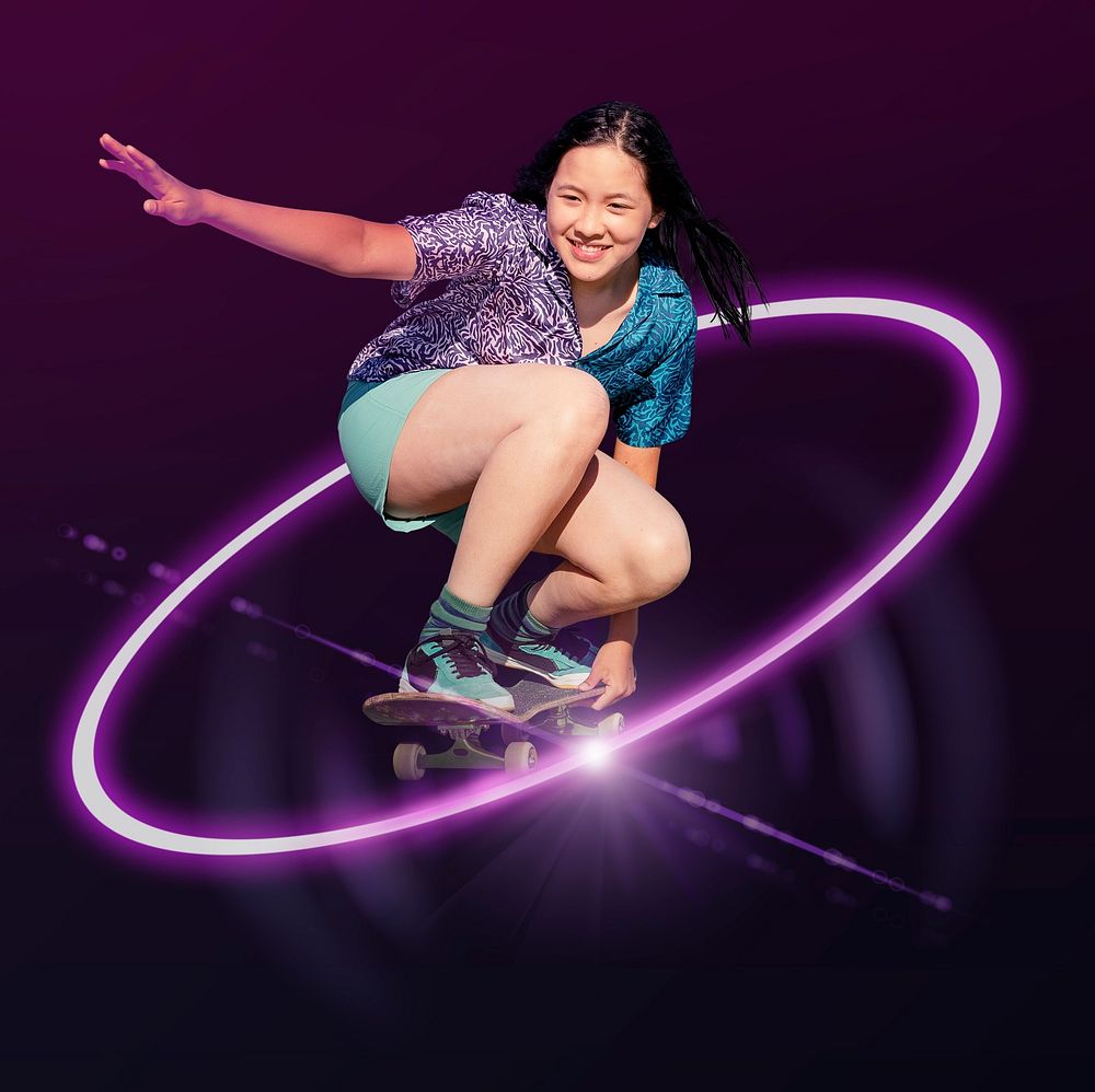 Girl skateboarding, sports technology graphic