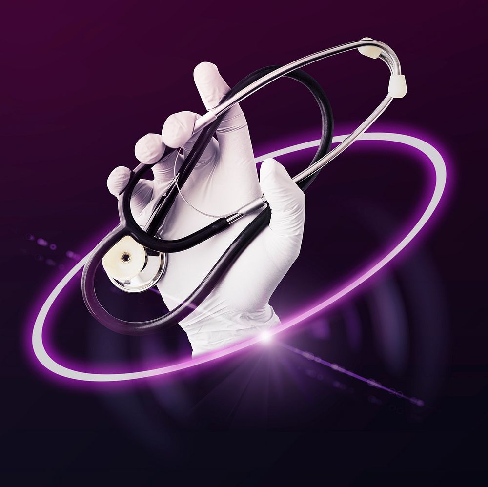 Health tech, doctor holding stethoscope, medical graphic