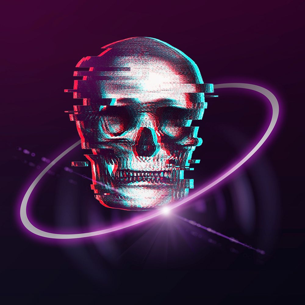 Glitch hacker skull, cybersecurity technology graphic
