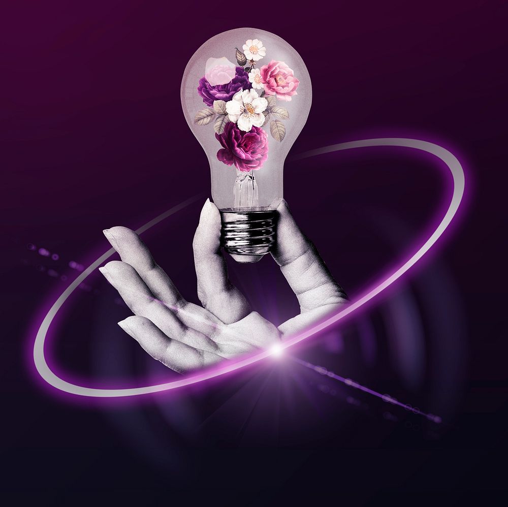Flower in lightbulb, sustainable energy technology graphic
