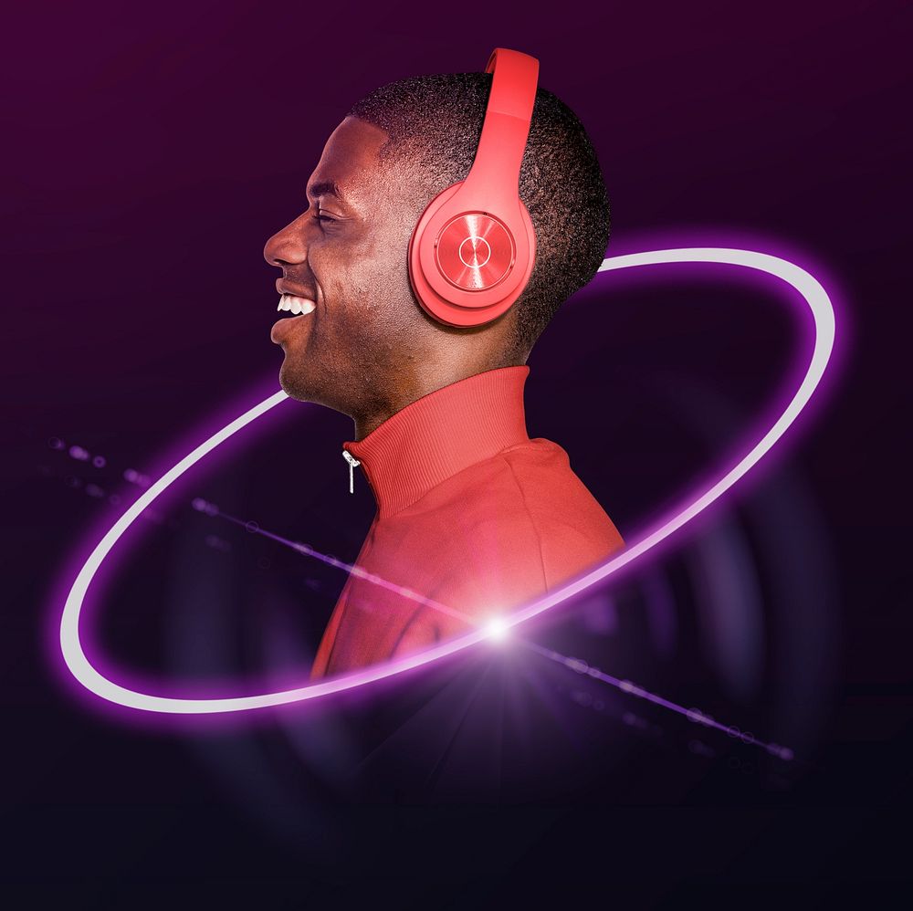 Man listening to music, entertainment technology graphic