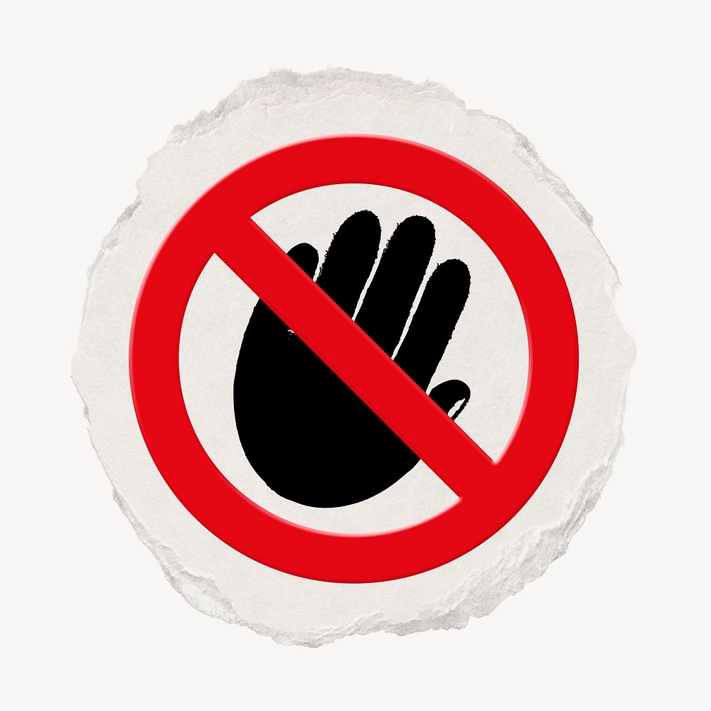 No hand forbidden sign graphic, ripped paper badge