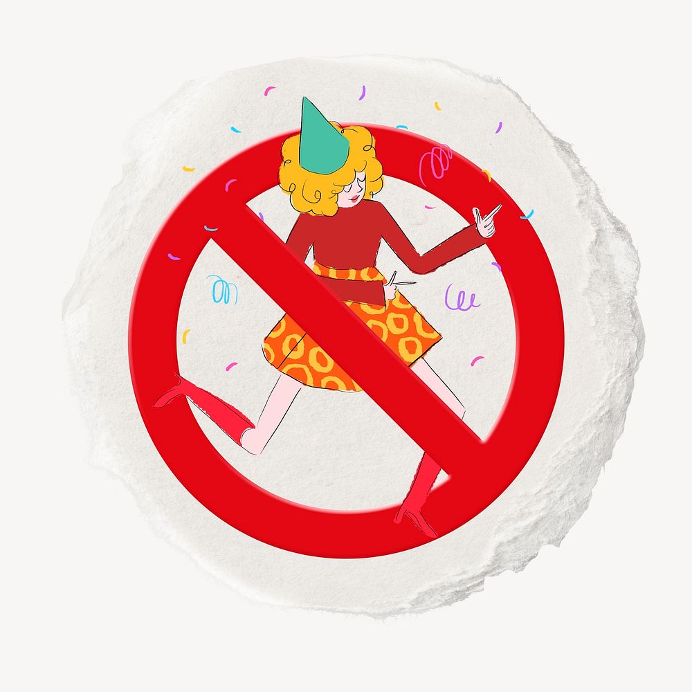 No dancing forbidden sign graphic, ripped paper badge