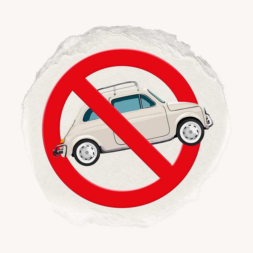 No car forbidden sign graphic, ripped paper badge