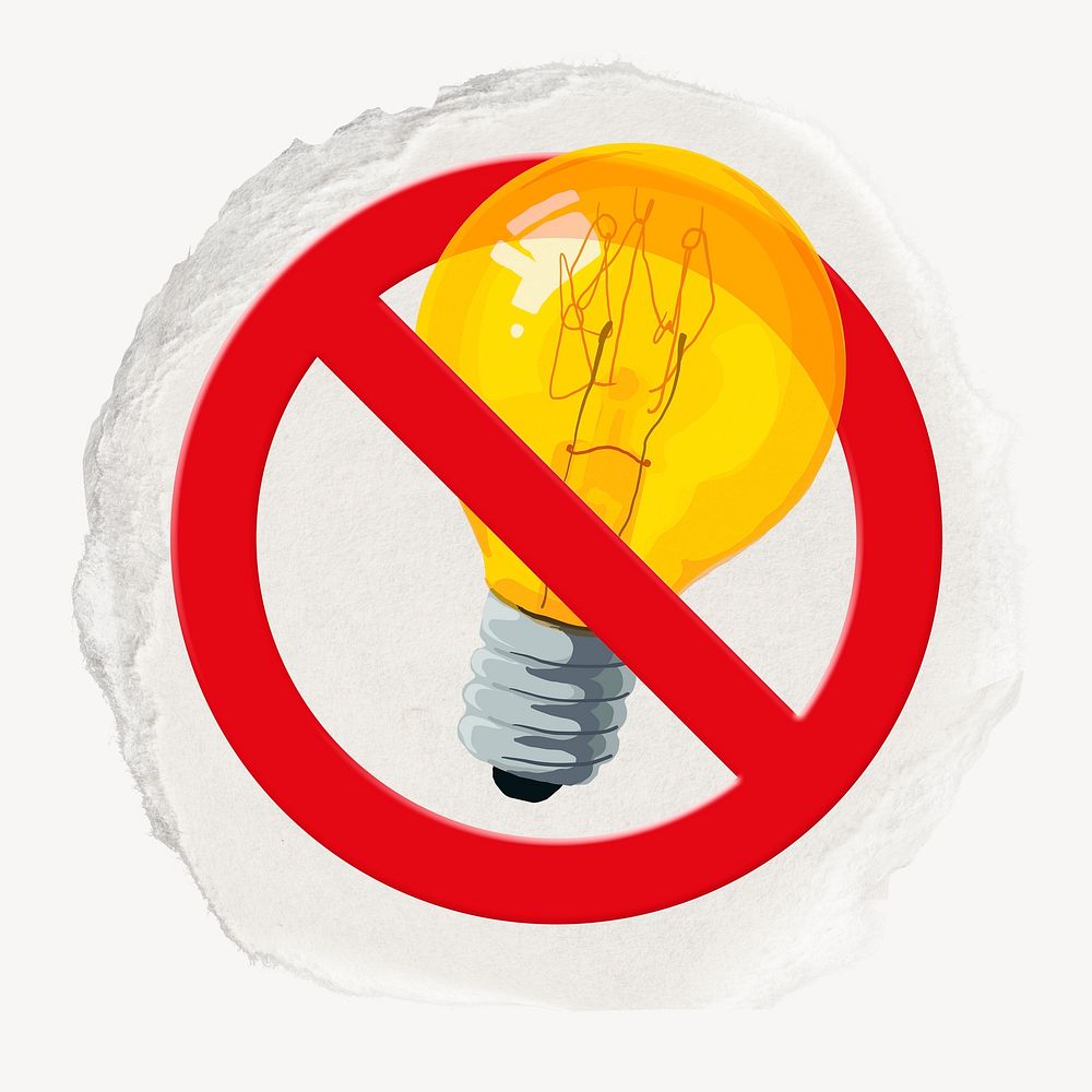 No light bulb forbidden sign illustration, ripped paper badge