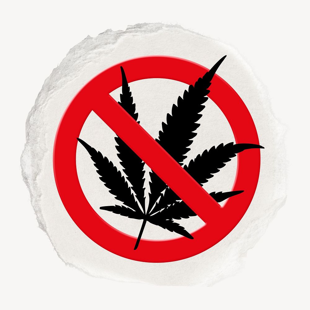 No drug forbidden sign graphic, ripped paper badge