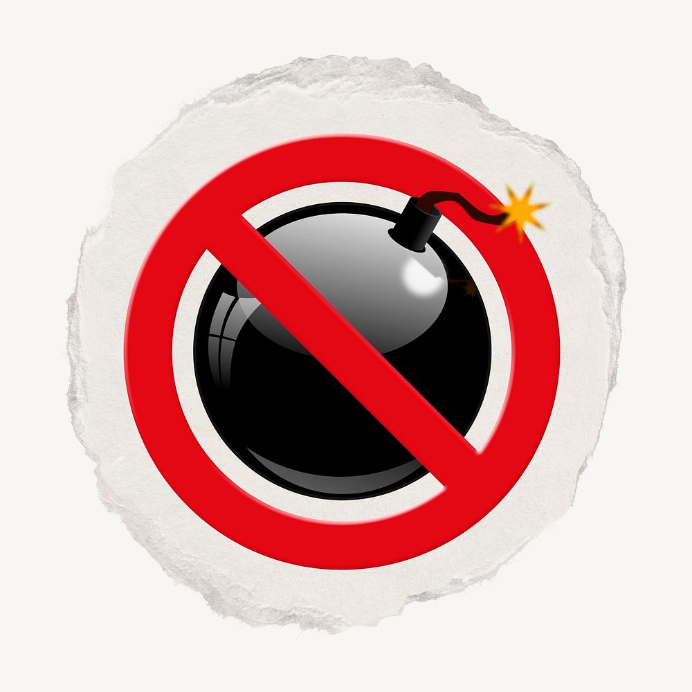 No bomb forbidden sign graphic, ripped paper badge
