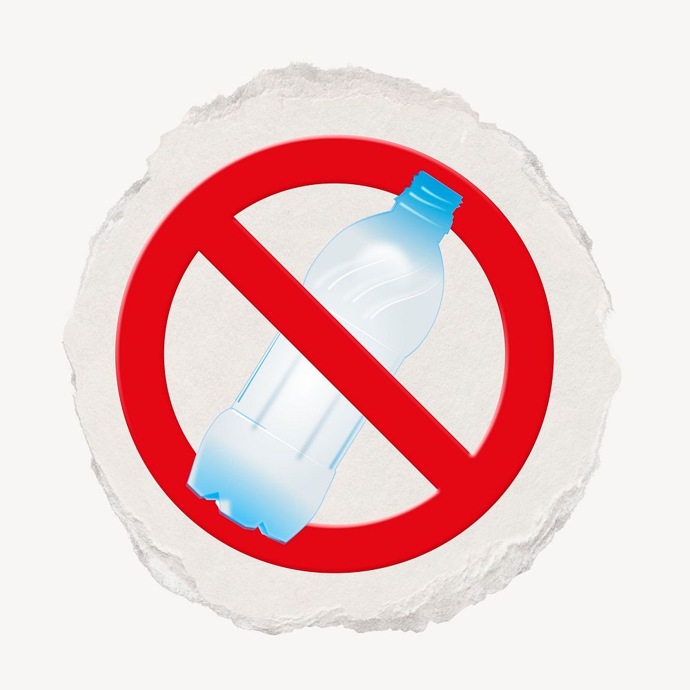 No plastic bottle forbidden sign design, ripped paper badge