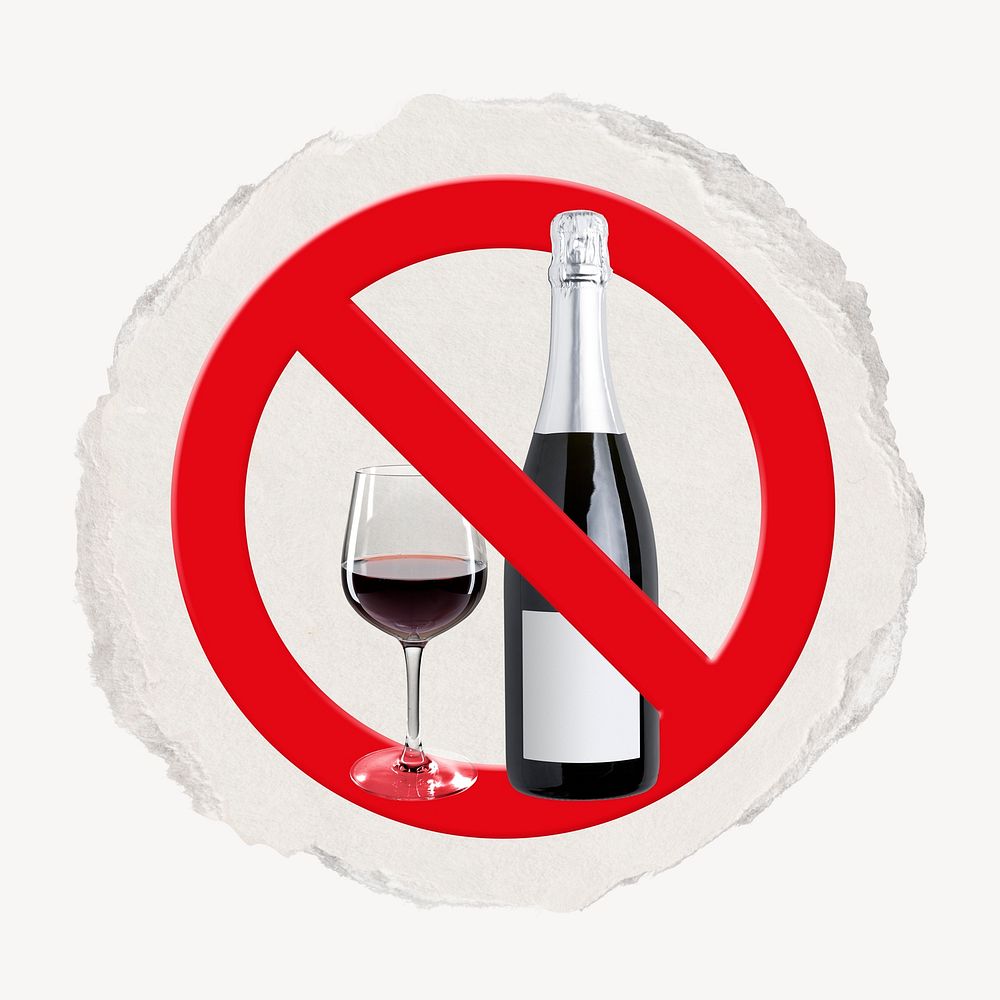 No alcohol forbidden sign graphic, ripped paper badge