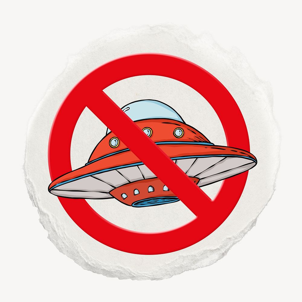 No ufo forbidden sign graphic, ripped paper badge