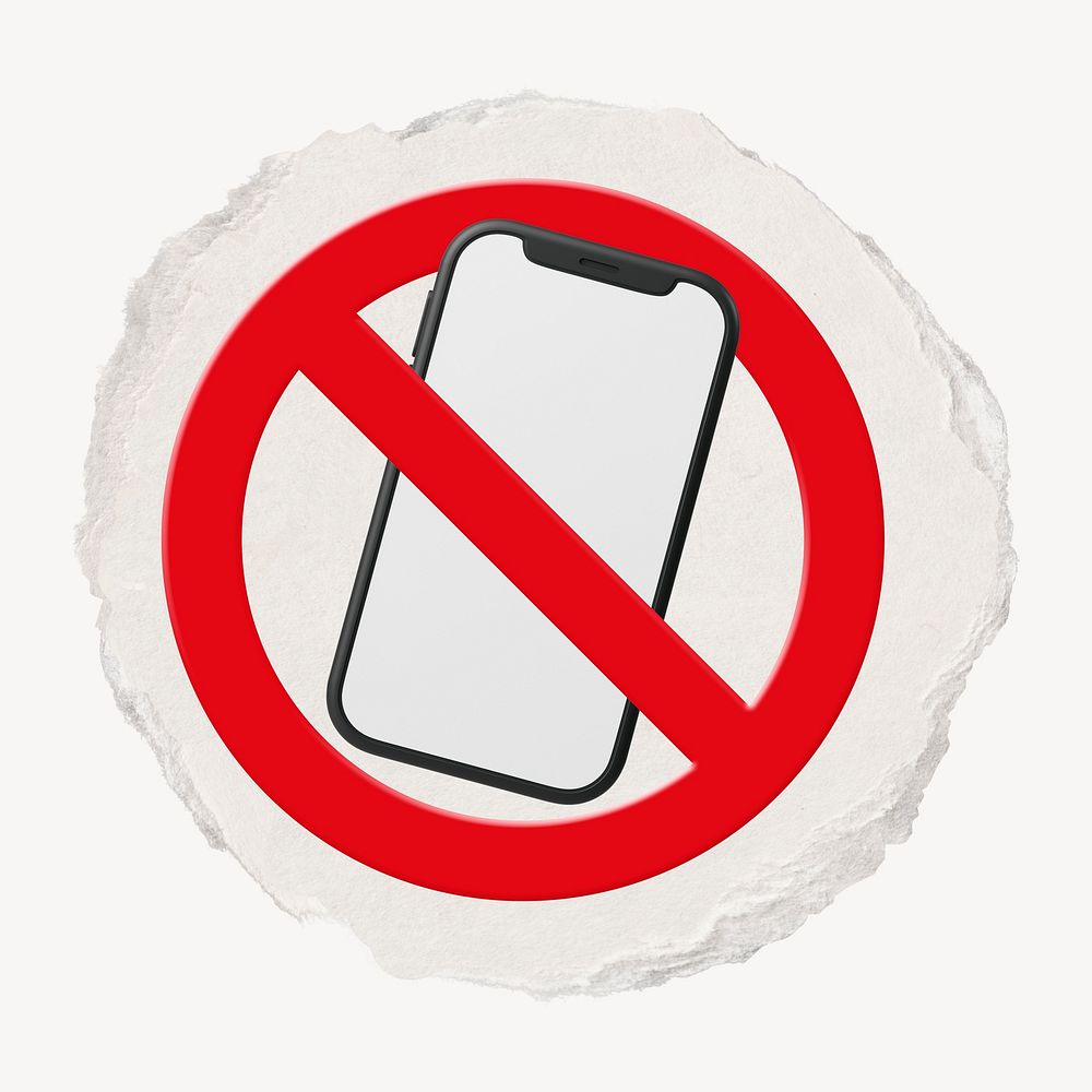 No phone forbidden sign graphic, ripped paper badge