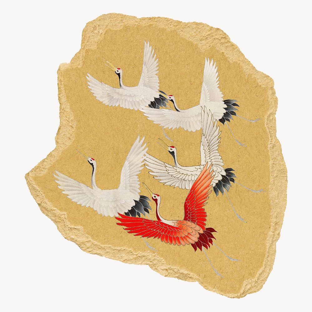 Flying cranes, Japanese vintage illustration on torn paper