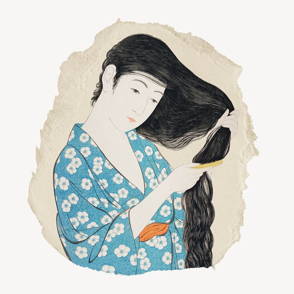 Hashiguchi's Woman Combing Her Hair vintage illustration on torn paper