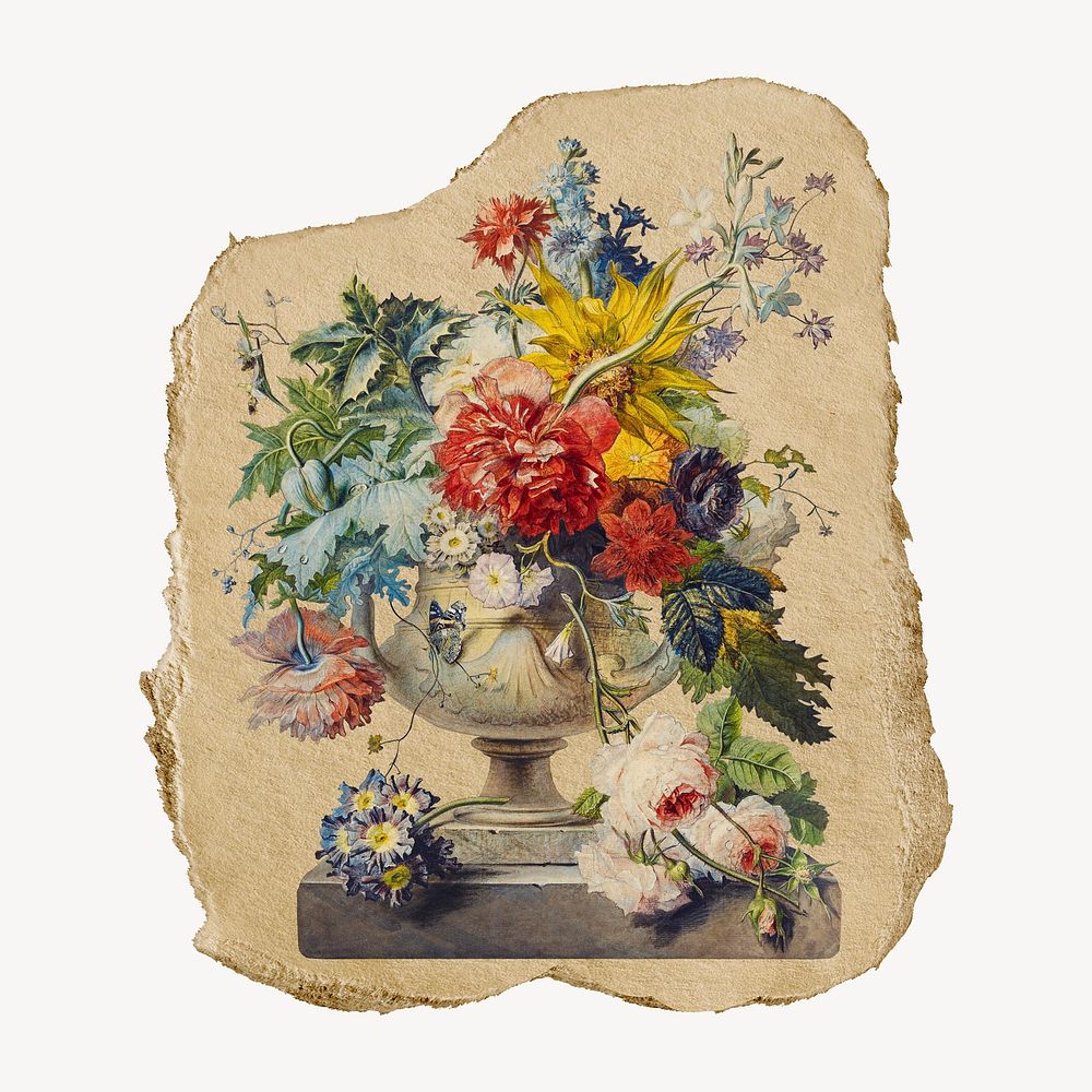 Johannes van Os Flowers in vase vintage illustration on torn paper