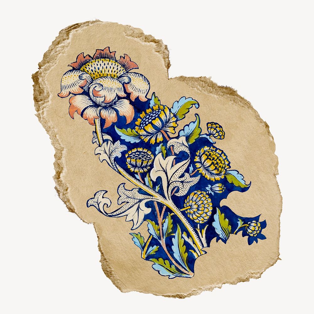 William Morris's flowers vintage illustration on torn paper
