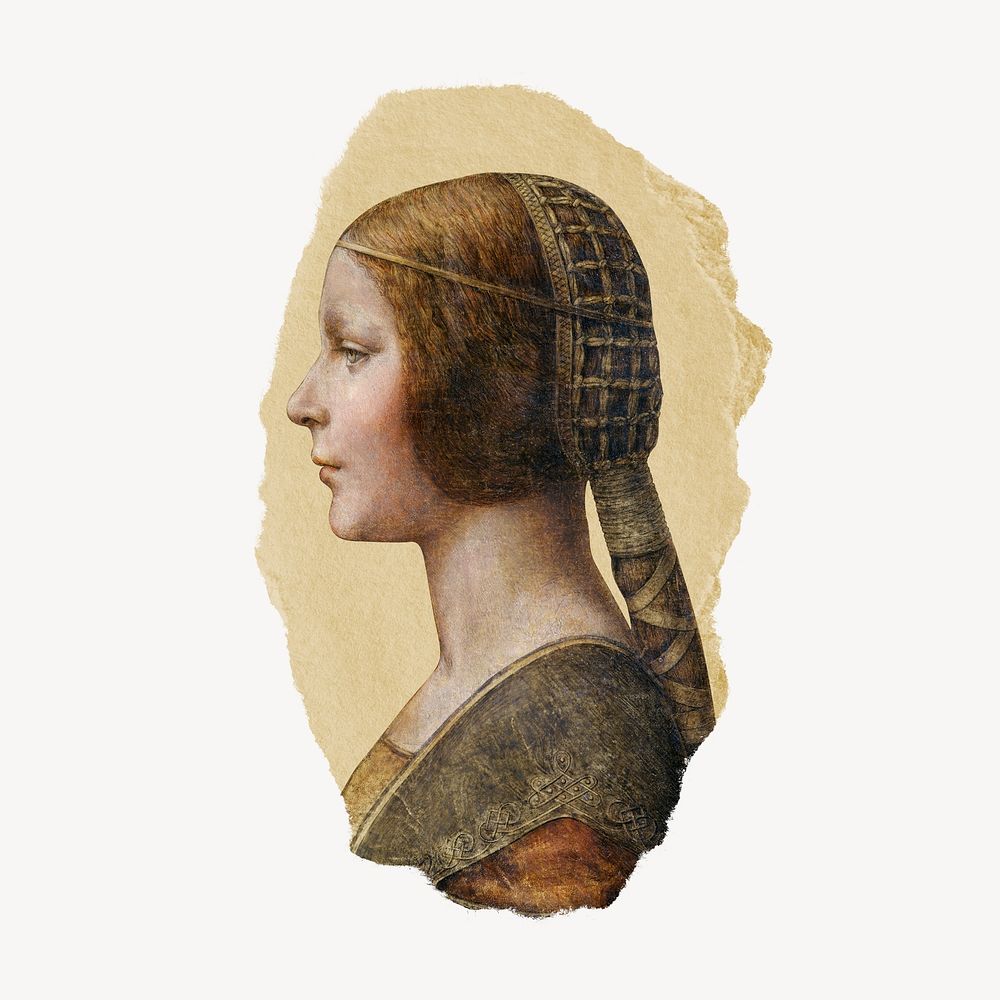 Leonardo da Vinci's young fianc&eacute;e, vintage illustration on torn paper