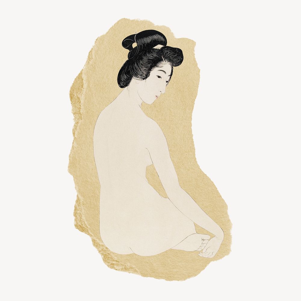 Hashiguchi's Woman After a Bath illustration, vintage graphic on torn paper