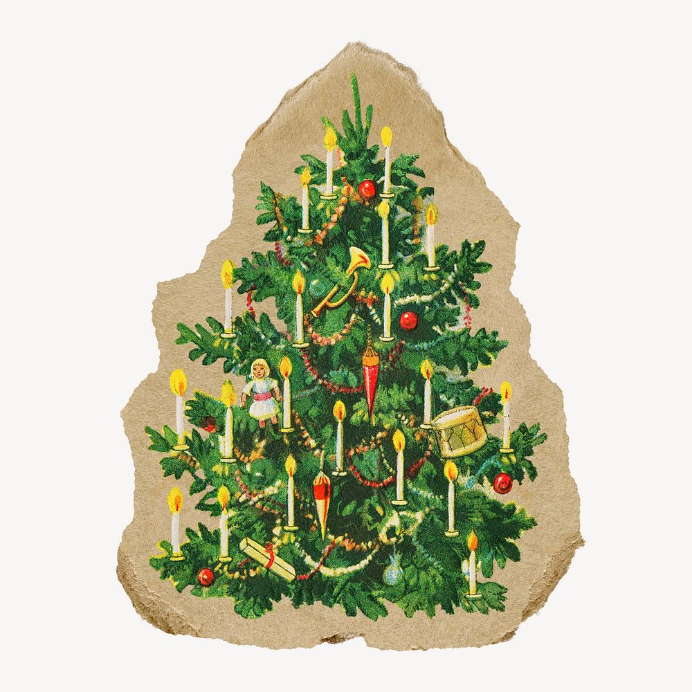 Christmas tree illustration, vintage illustration on torn paper