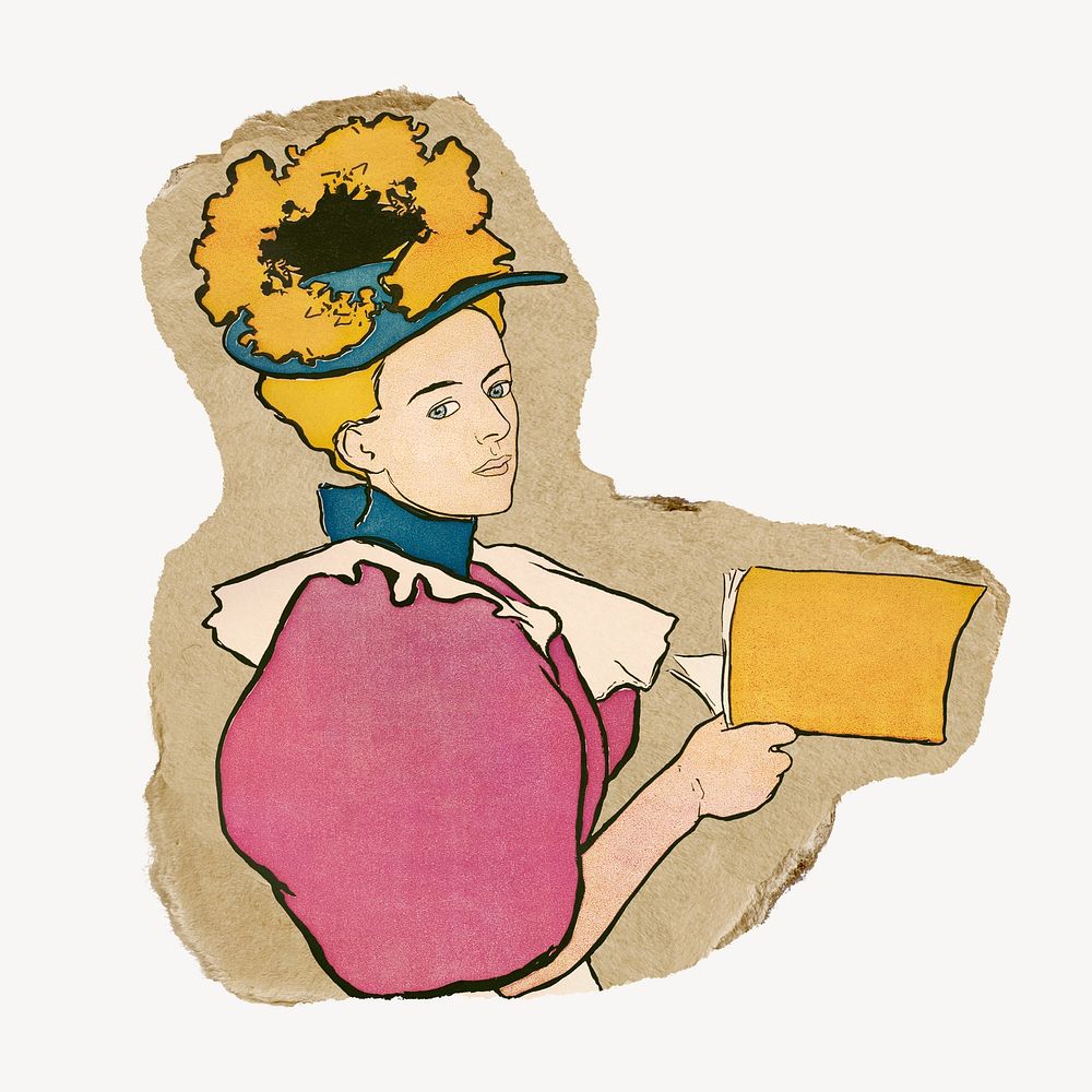 Edward Penfield's Woman holding book artwork, illustration on torn paper