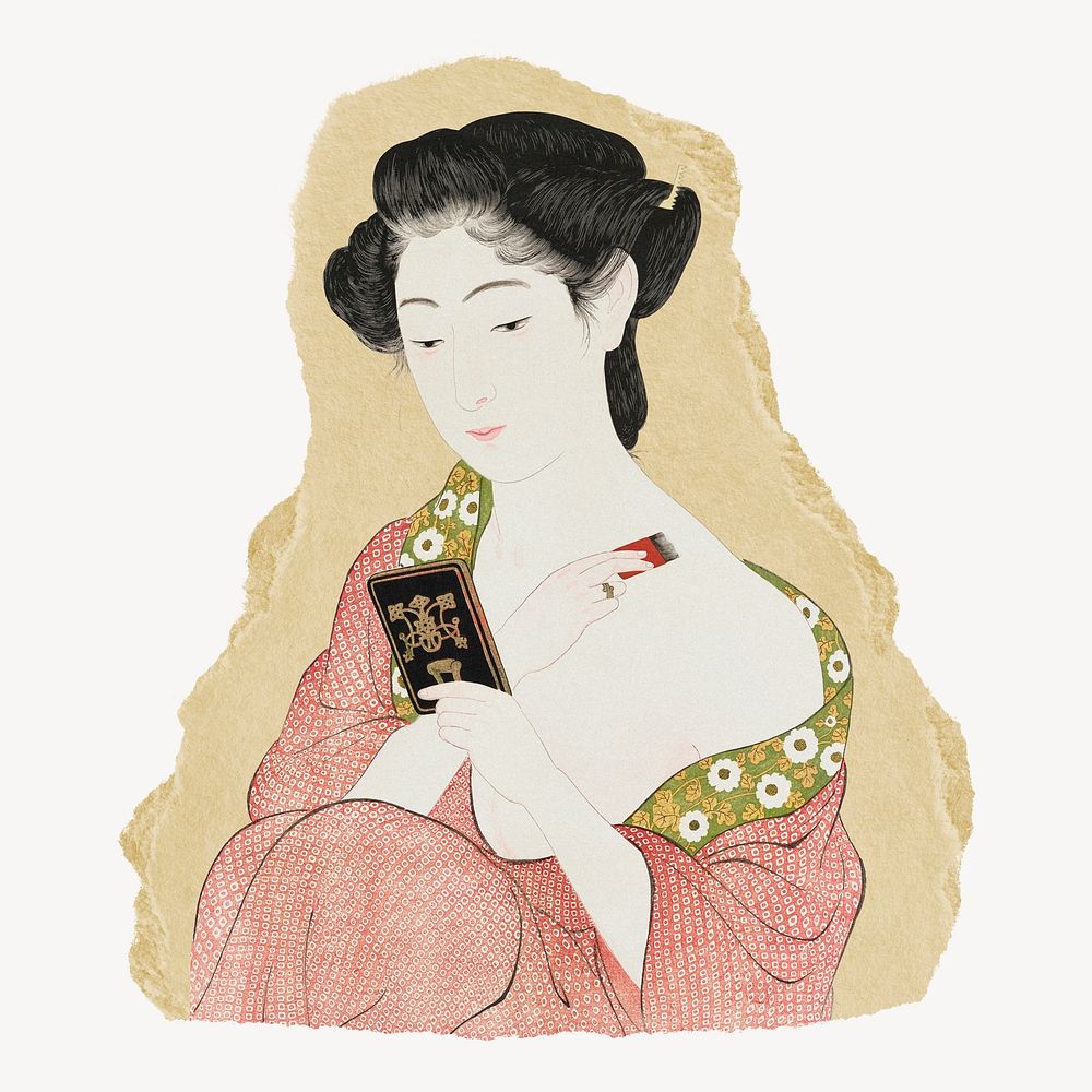 Hashiguchi's Woman Applying Powder illustration, vintage graphic on torn paper