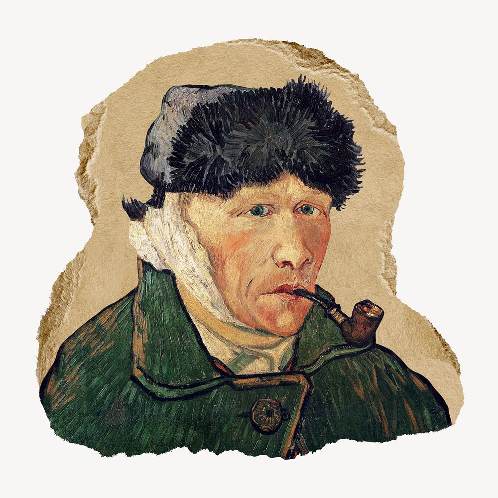 Van Gogh's Self-Portrait with Bandaged Ear and Pipe, vintage illustration on torn paper