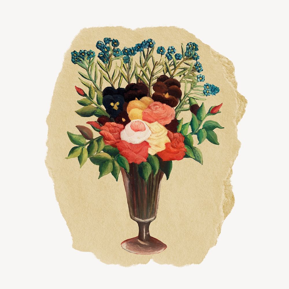 Flowers in a vase vintage illustration on torn paper