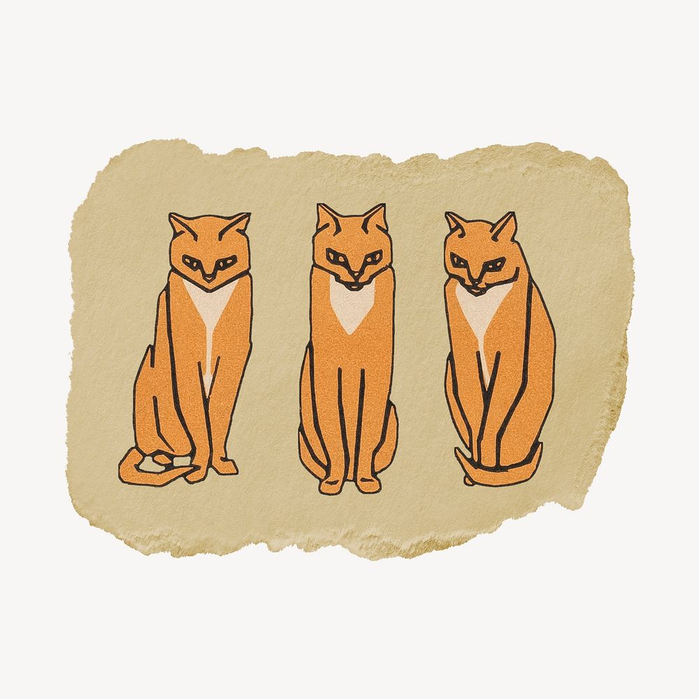 Julie de Graag's three cats vintage illustration on torn paper