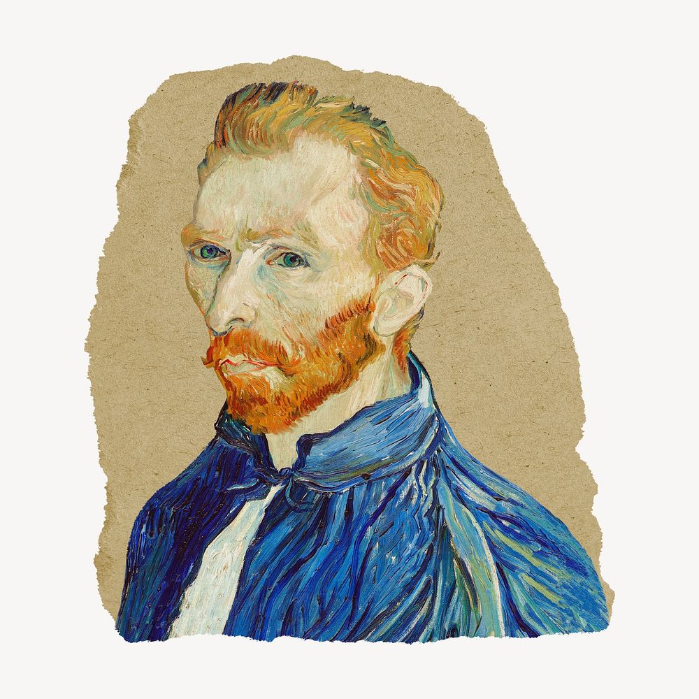 Van Gogh self portrait, vintage illustration on torn paper