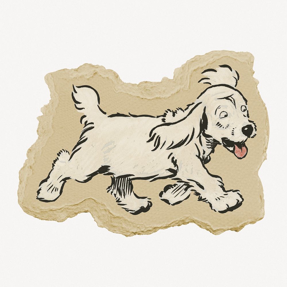 White Puppy, Cecil Aldin's vintage illustration on torn paper