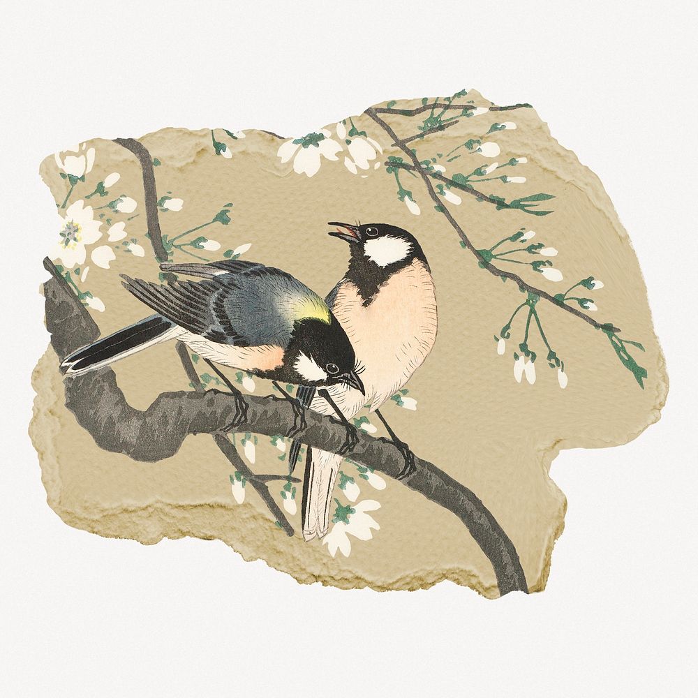 Ohara Koson's bird vintage illustration on torn paper