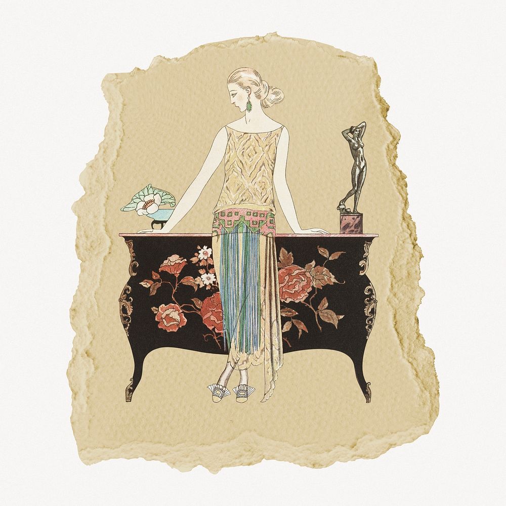 Rosalinde: Robe du soir illustration, George Barbier's vintage illustration on torn paper