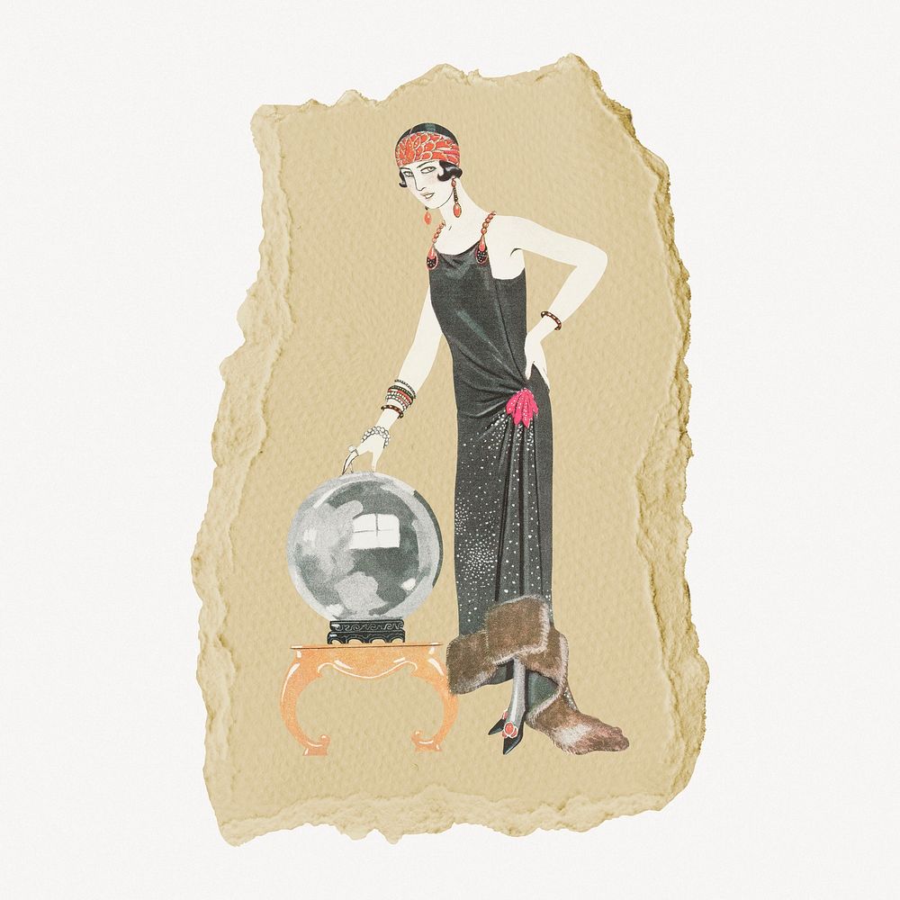 George Barbier's fashion illustration, vintage illustration on torn paper