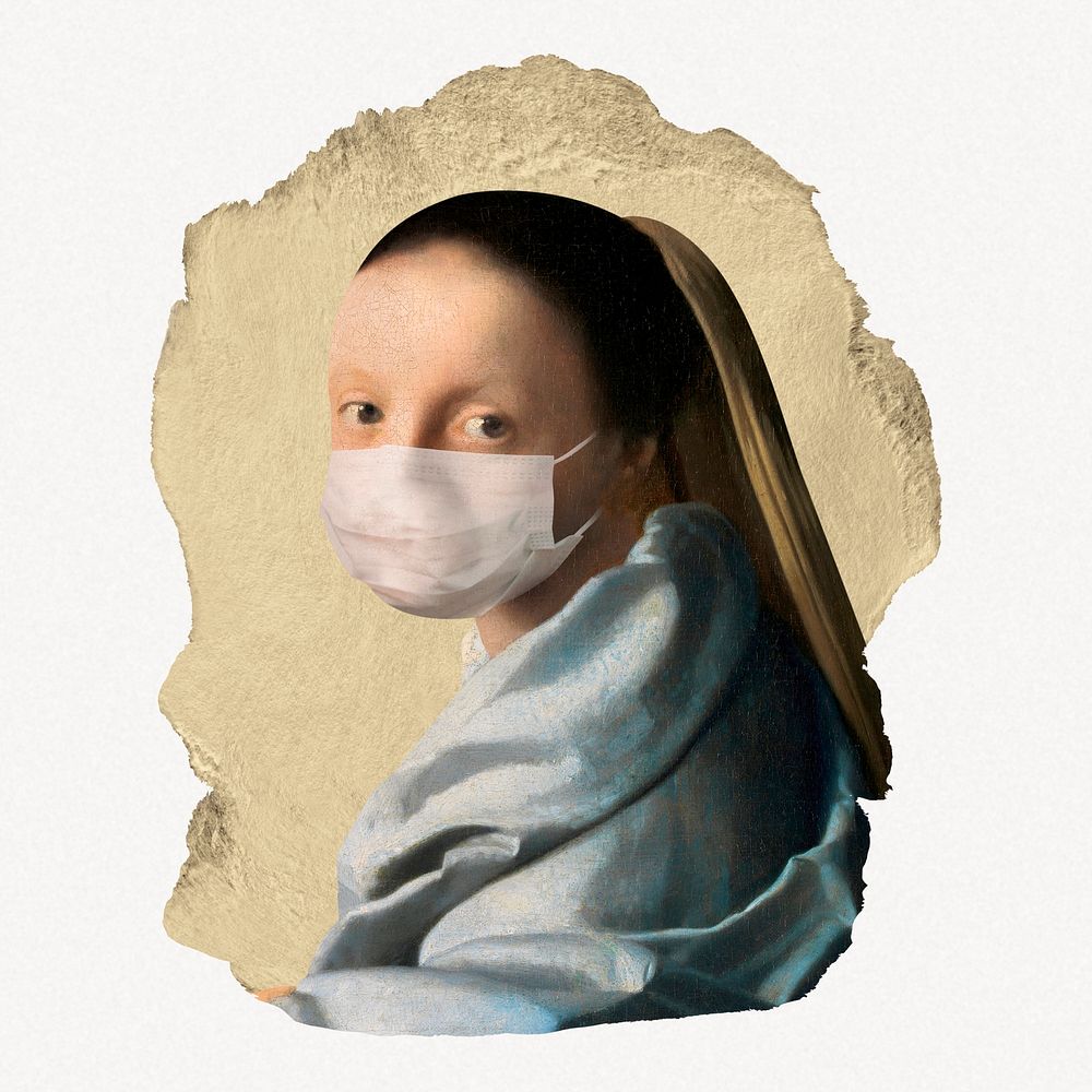 Vermeer's young girl wearing mask vintage illustration on torn paper