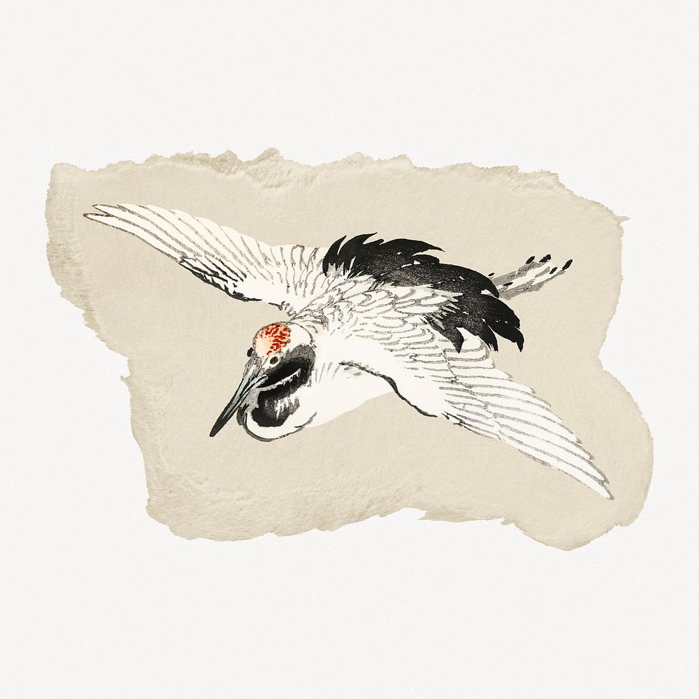 Kōno Bairei's flying crane vintage illustration on torn paper