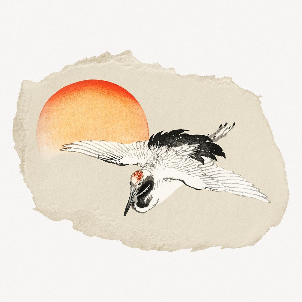 Flying crane, Kōno Bairei's bird vintage illustration on torn paper