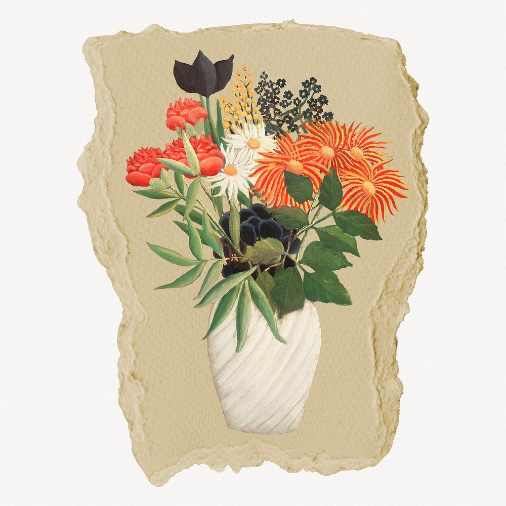 Flowers in a vase vintage illustration on torn paper