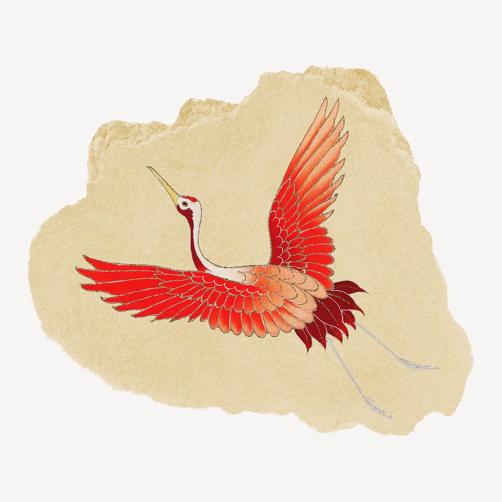 Flying crane, Japanese vintage illustration on torn paper