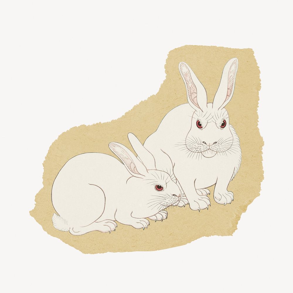 Rabbit, Japanese vintage illustration on torn paper