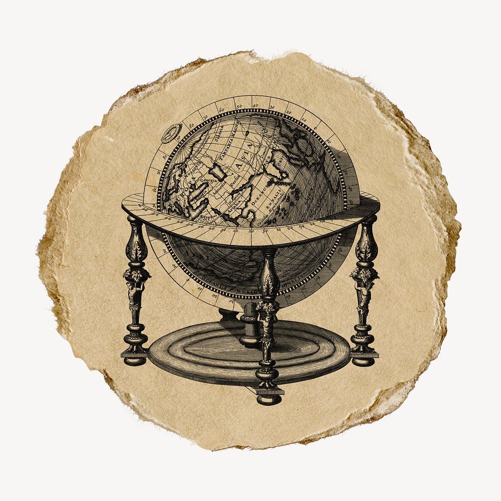 Hand drawn globe vintage illustration on torn paper