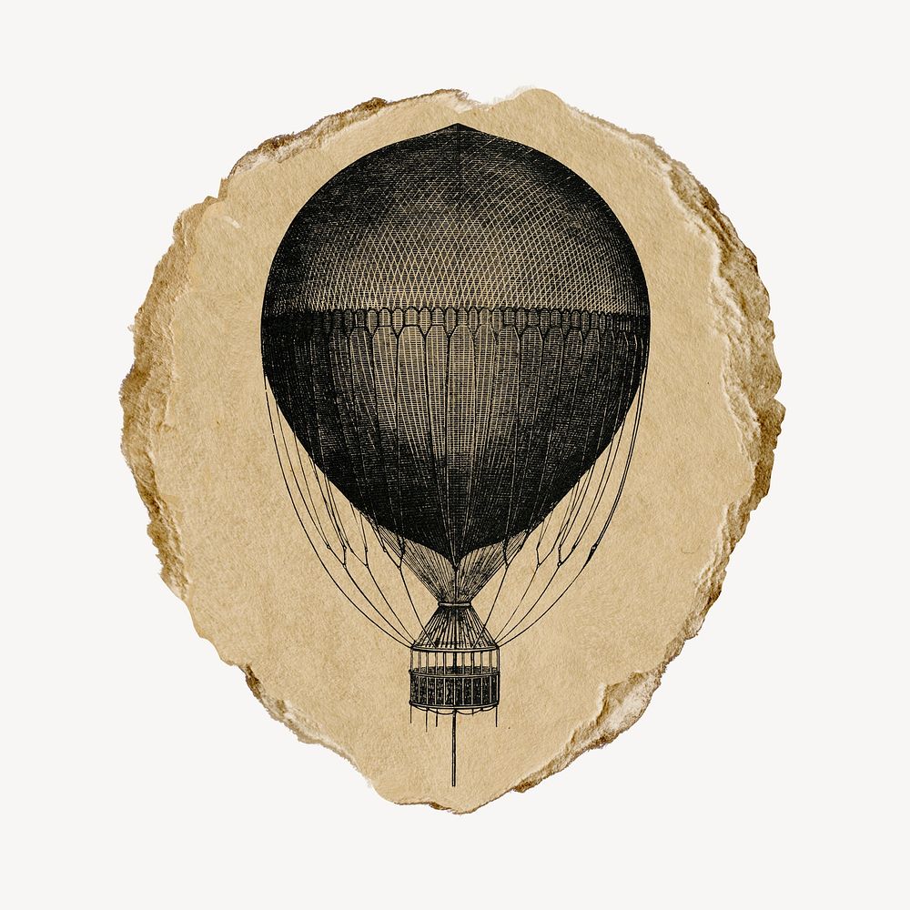 Hand drawn hot air balloon vintage illustration on torn paper