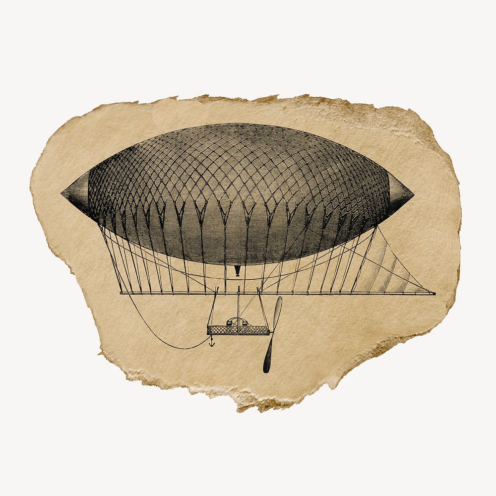 Hand drawn hot air balloon vintage illustration on torn paper