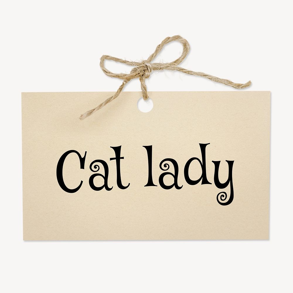 Cat lady word, brown paper with string ribbon collage element psd