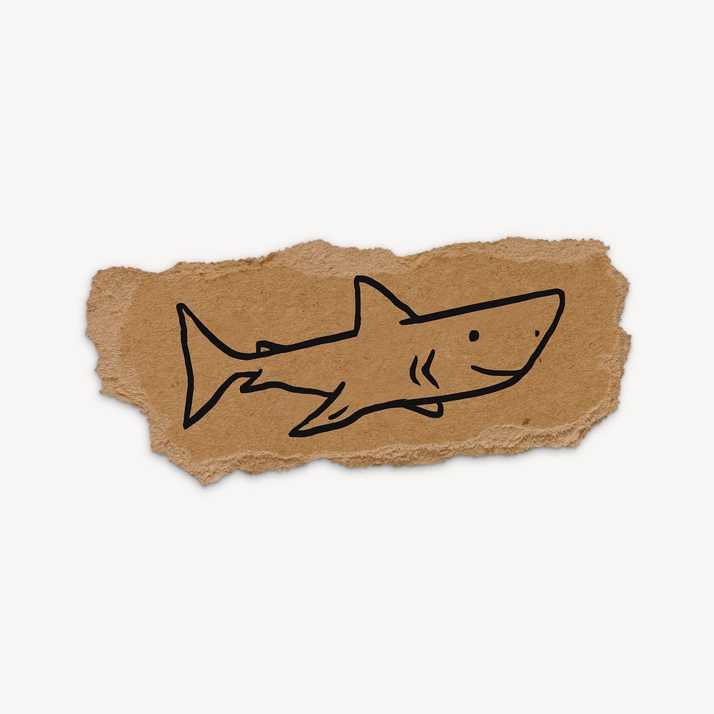 Cute shark doodle, ripped paper, brown design
