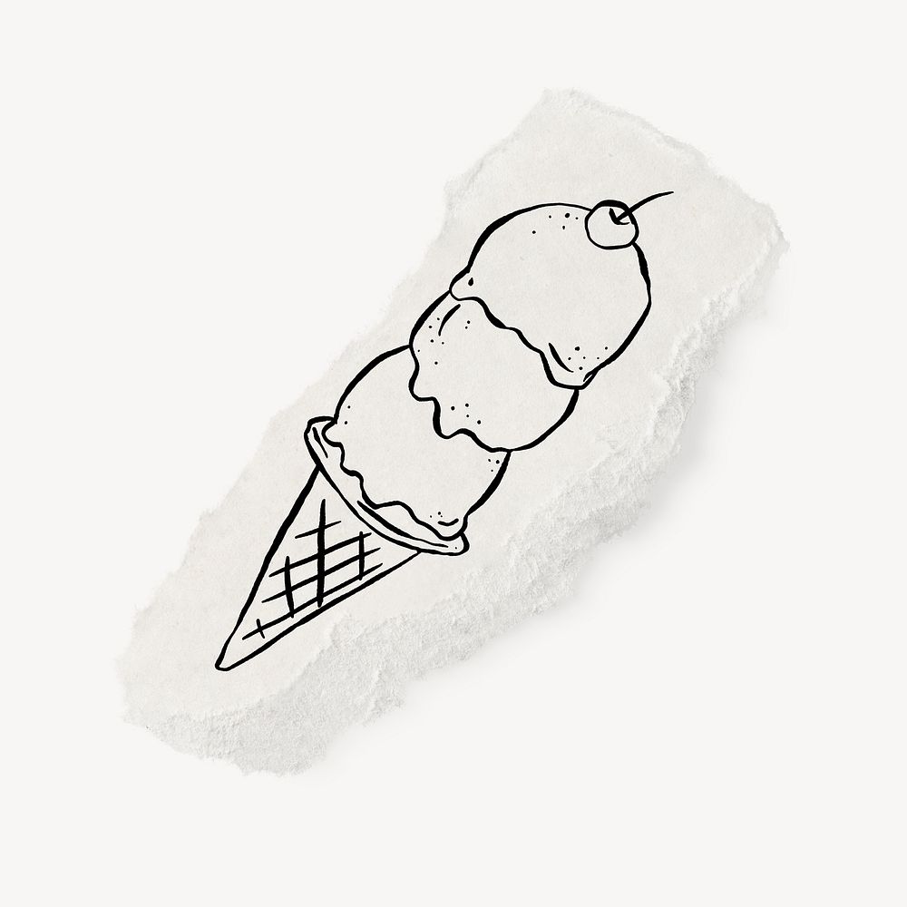 Ice cream doodle, cute illustration, ripped paper, off white design