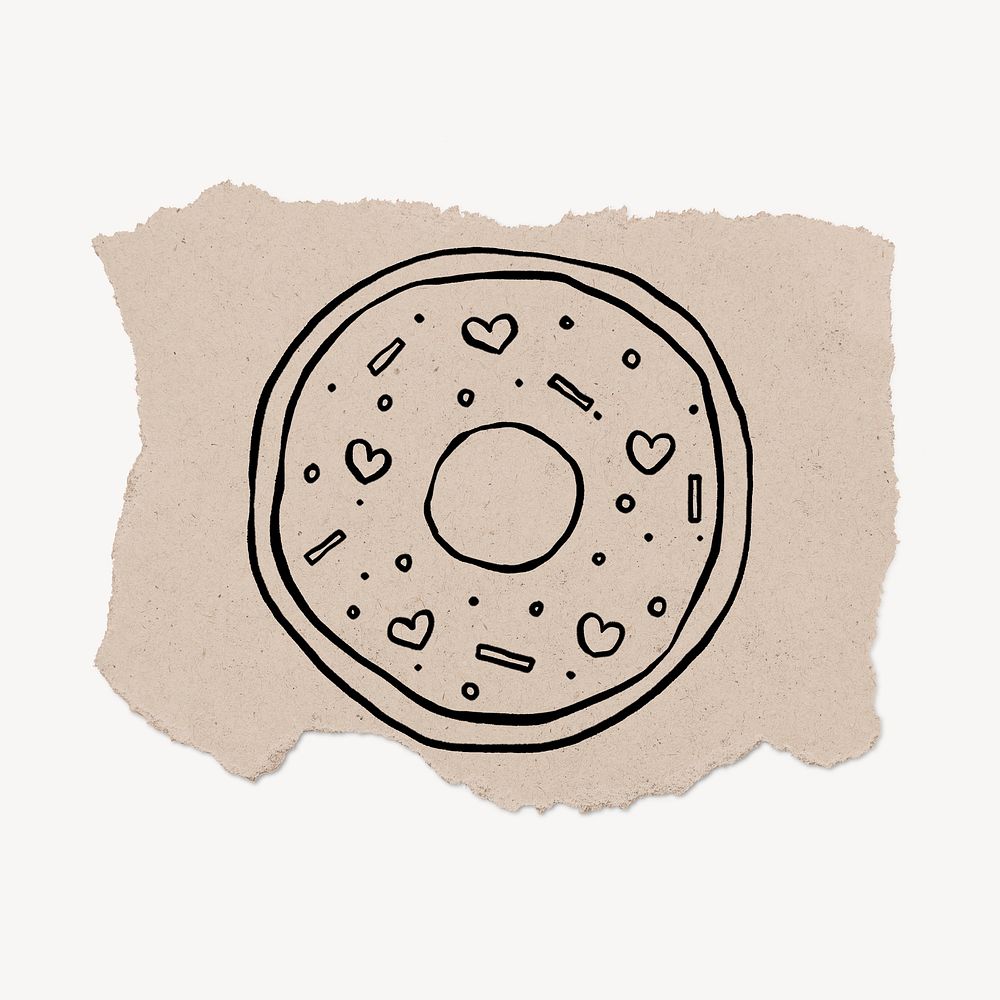 Donut doodle, cute illustration, ripped paper design